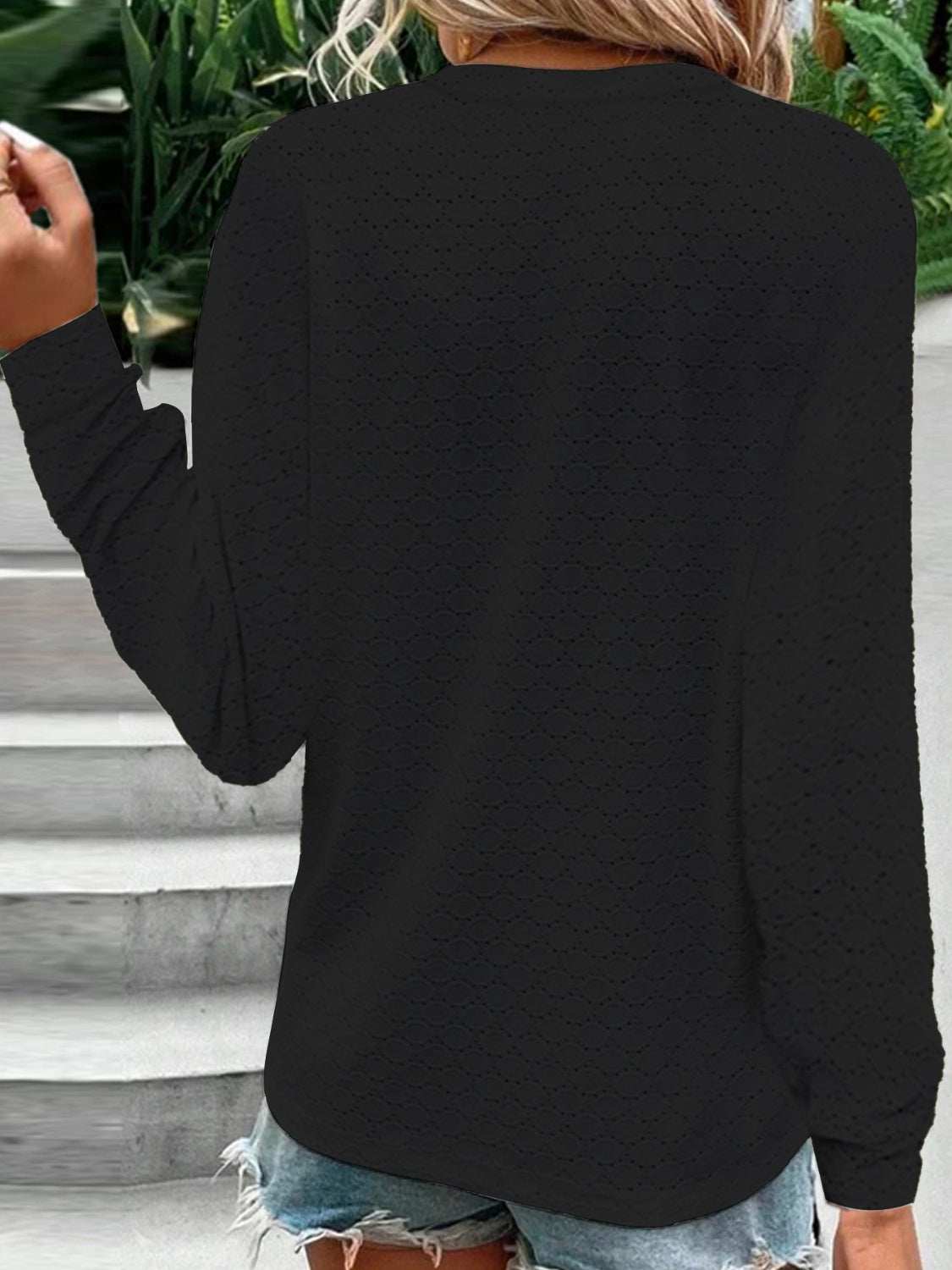 Eyelet Notched Long Sleeve T-Shirt