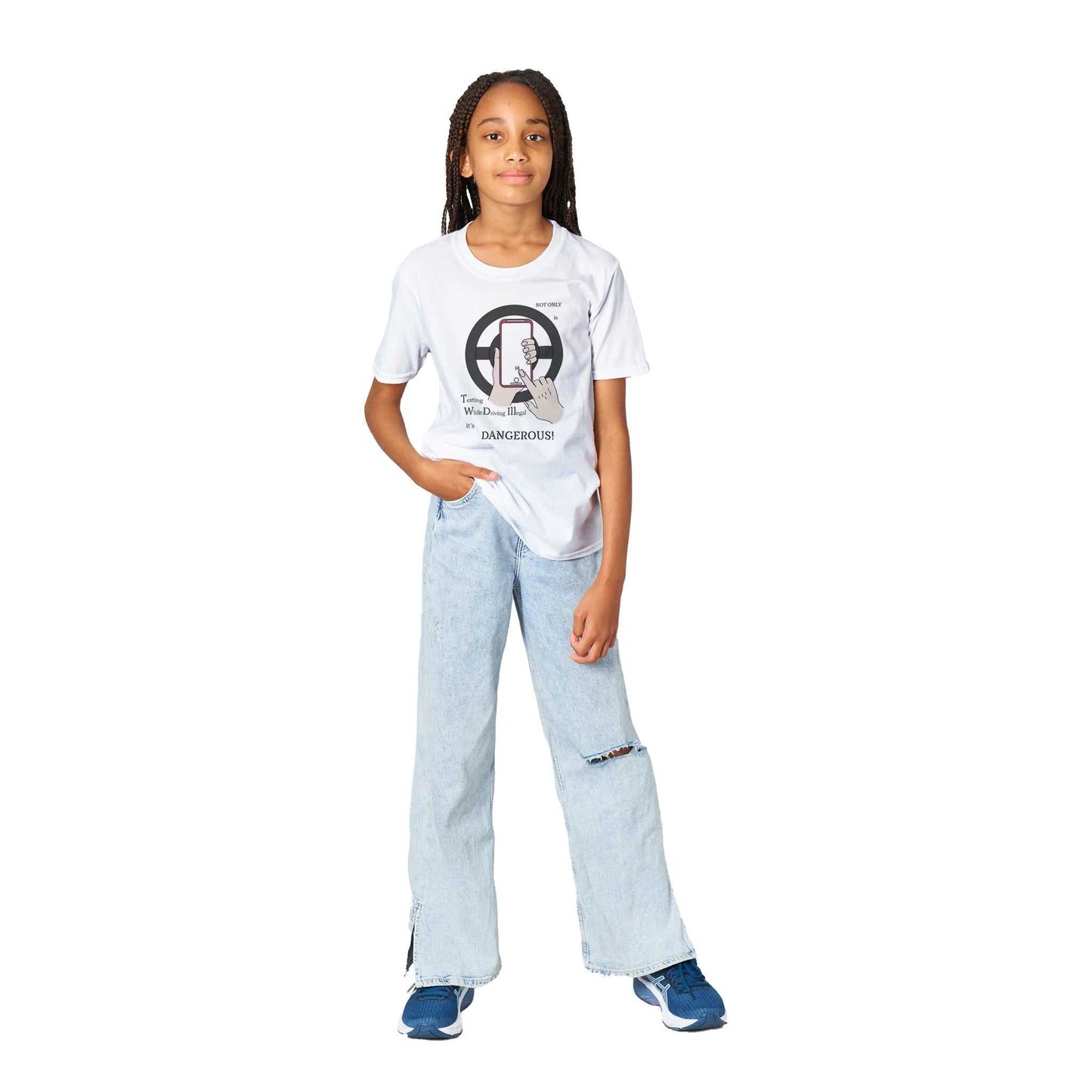 Classic Kids Crewneck T-shirt - Texting While Driving Is Illegal - Teach them early