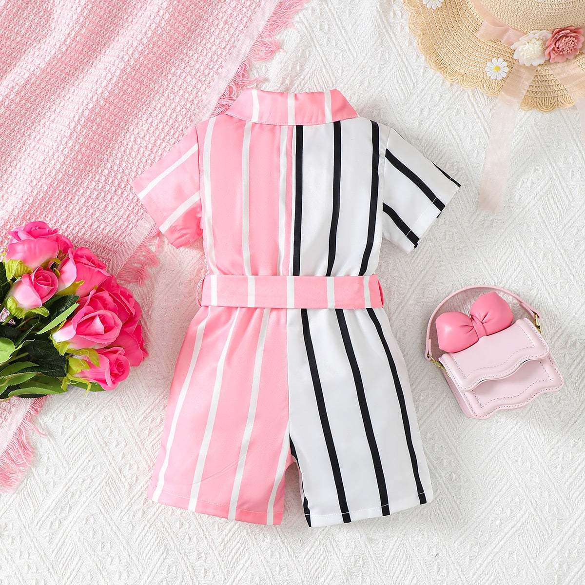 Striped Two-Tone Short Sleeve Tie Waist Romper