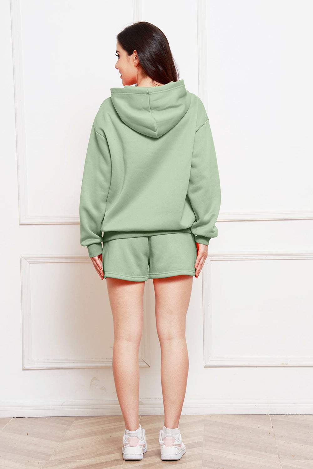 Drop Shoulder Long Sleeve Hoodie and Shorts Set
