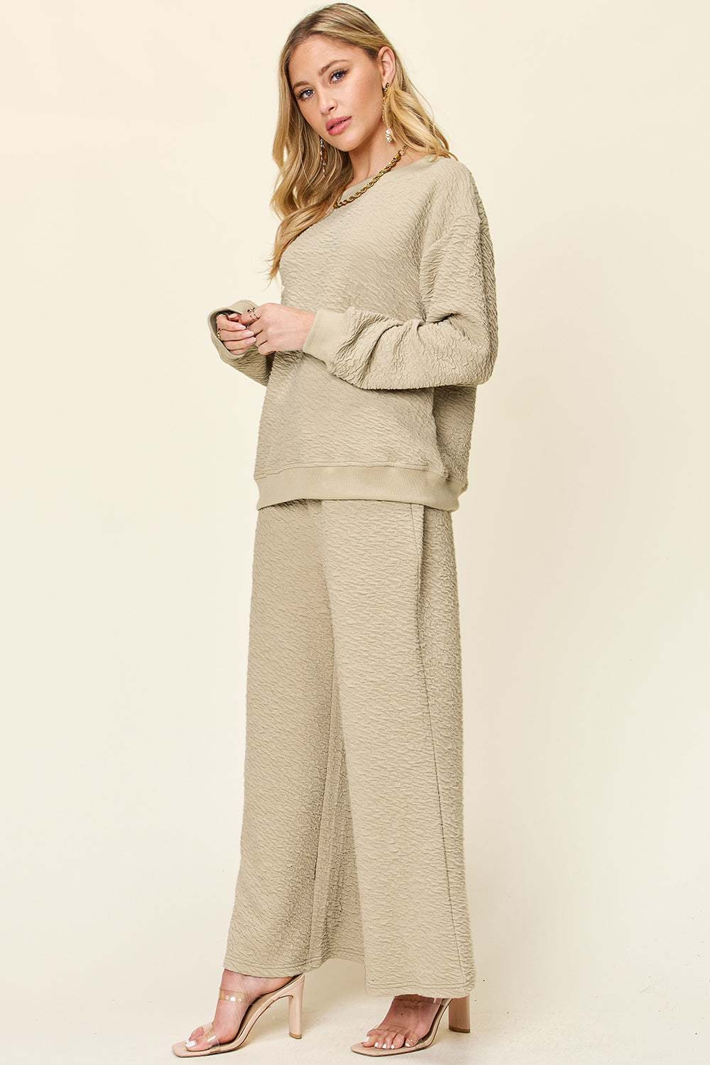 Double Take Full Size Texture Long Sleeve Top and Pants Set