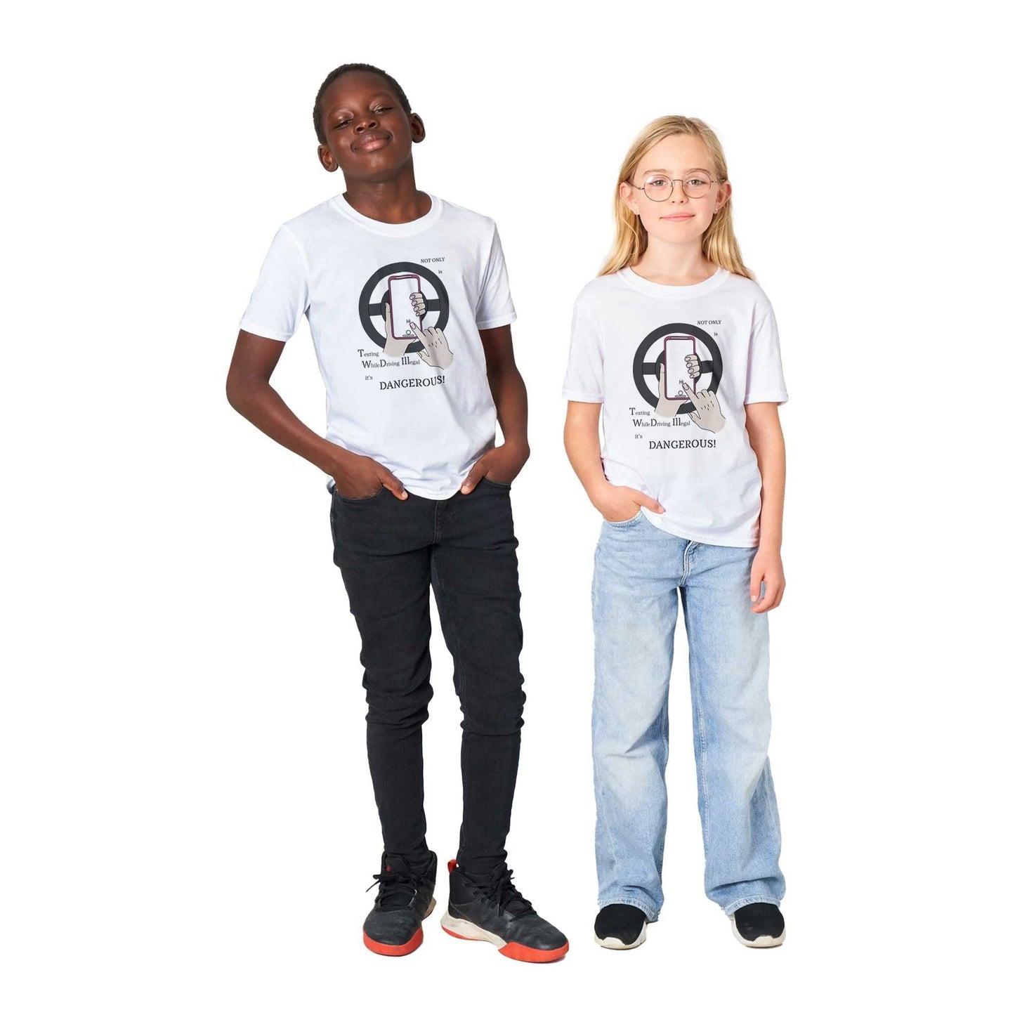 Classic Kids Crewneck T-shirt - Texting While Driving Is Illegal - Teach them early