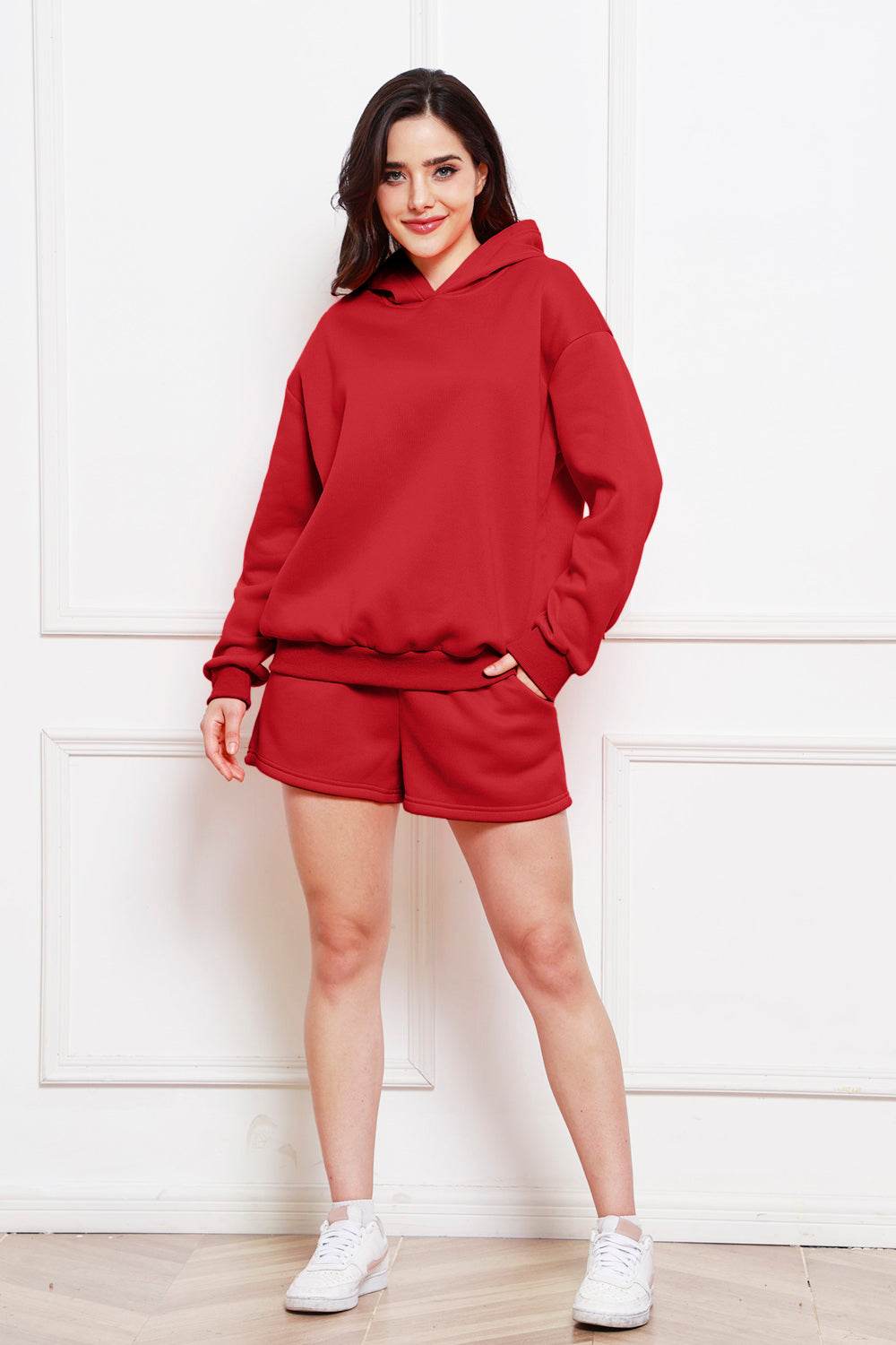 Drop Shoulder Long Sleeve Hoodie and Shorts Set