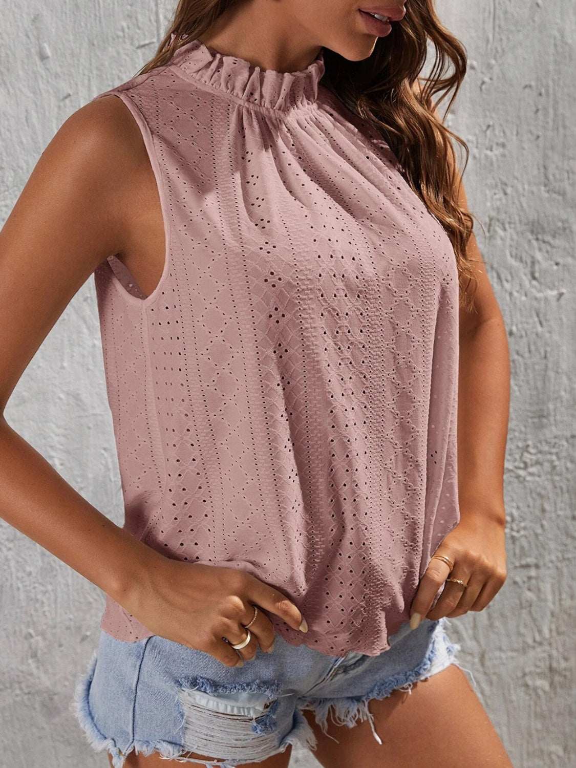 Tied Eyelet Mock Neck Tank