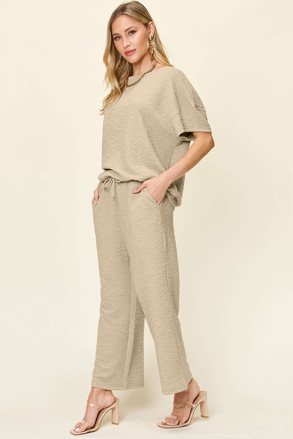 Double Take Full Size Texture Short Sleeve Top and Pants Set