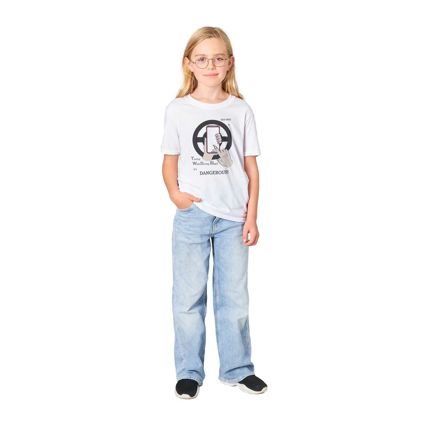Classic Kids Crewneck T-shirt - Texting While Driving Is Illegal - Teach them early