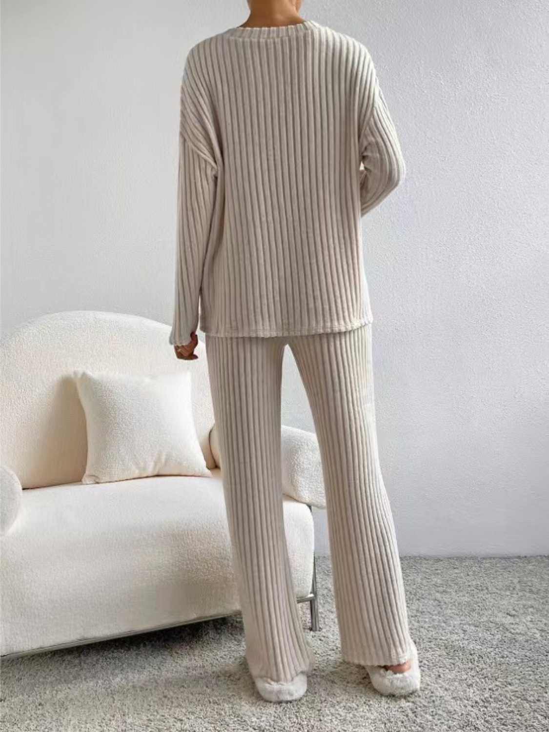 Ribbed V-Neck Long Sleeve Top and Pants Set