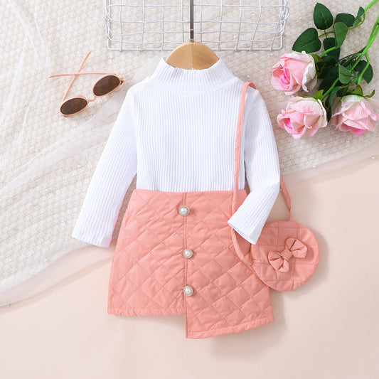 Girls Knit Top and Decorative Button Skirt Set with Bag - yvante1