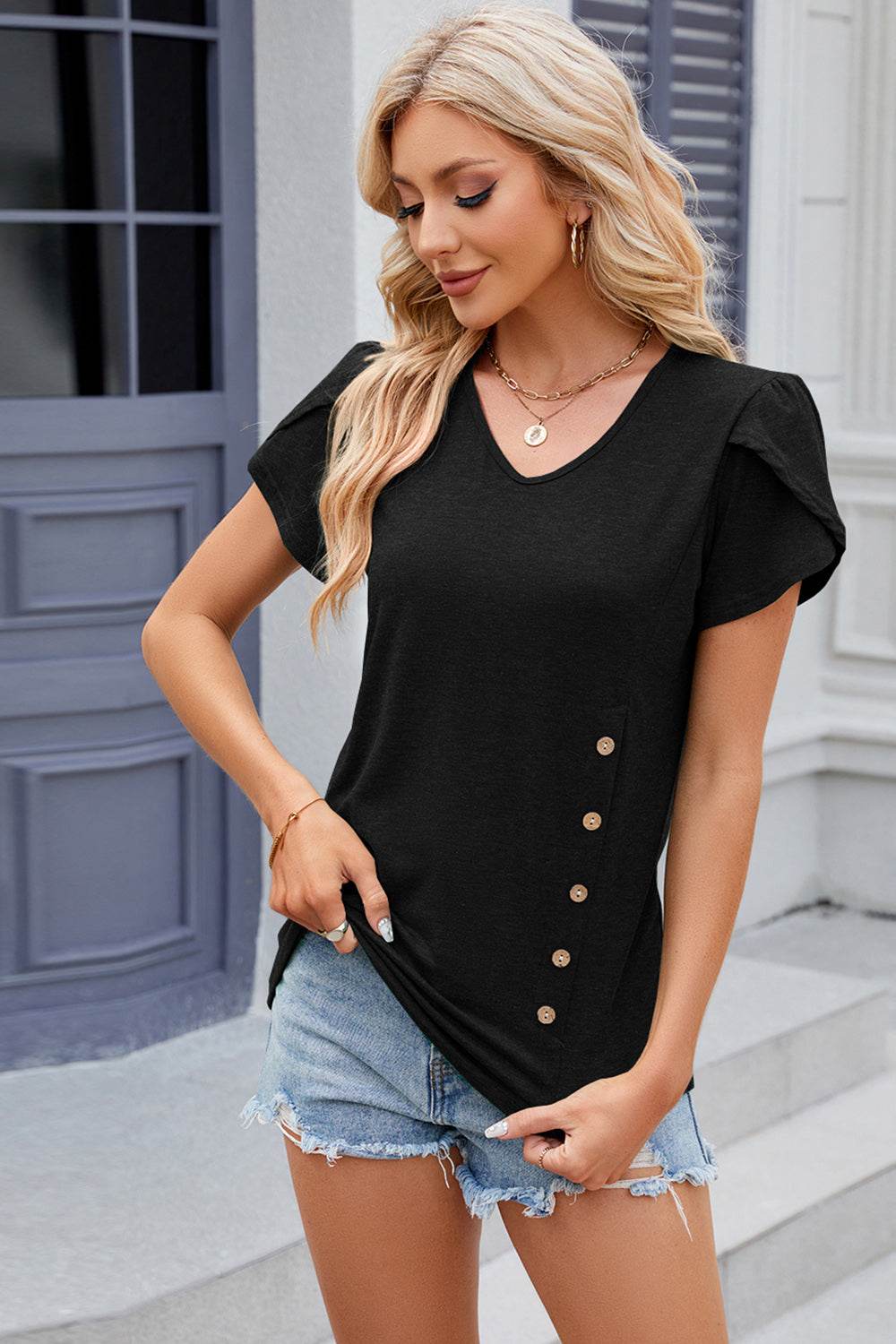 -Neck Petal Sleeve