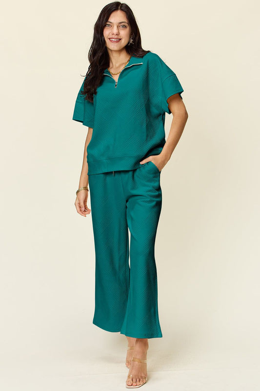 Full Size Texture Half Zip Short Sleeve Top