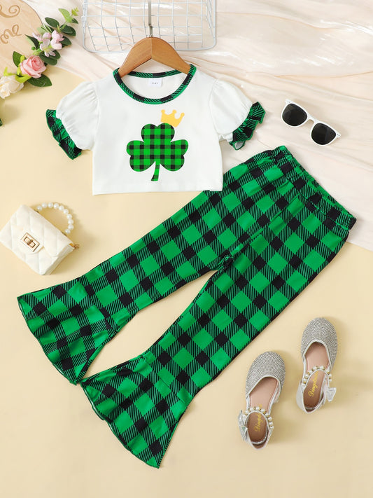 Lucky Clover Round Neck Top and Plaid Pants Set