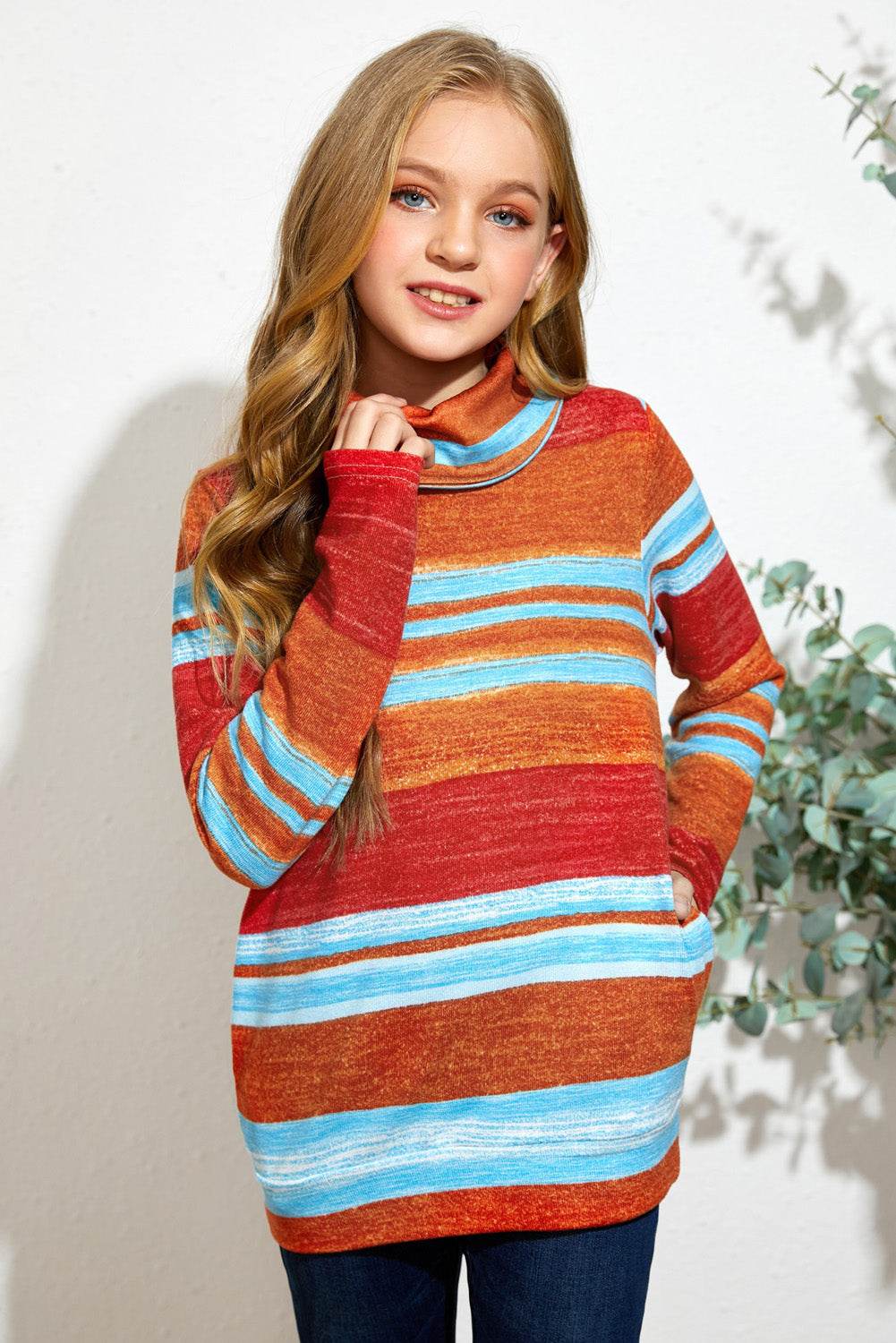 Girls Striped Cowl Neck Top with Pockets