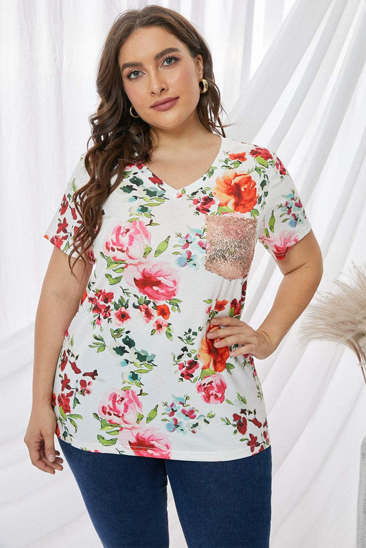 Size Floral Print Sequin Pocket Tee