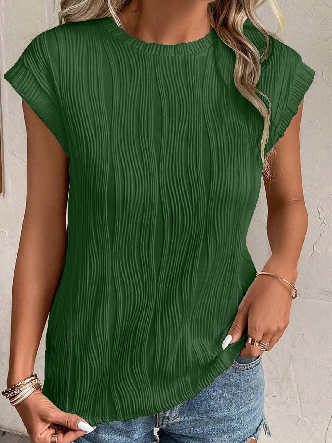 Textured Round Neck Cap Sleeve