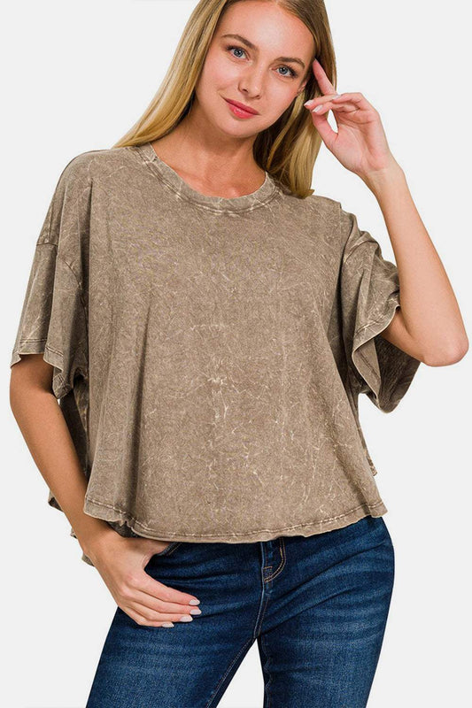 Zenana Washed Round Neck Drop Shoulder Cropped