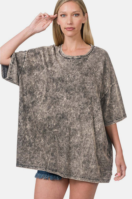Zenana Washed Round Neck Drop Shoulder Oversized