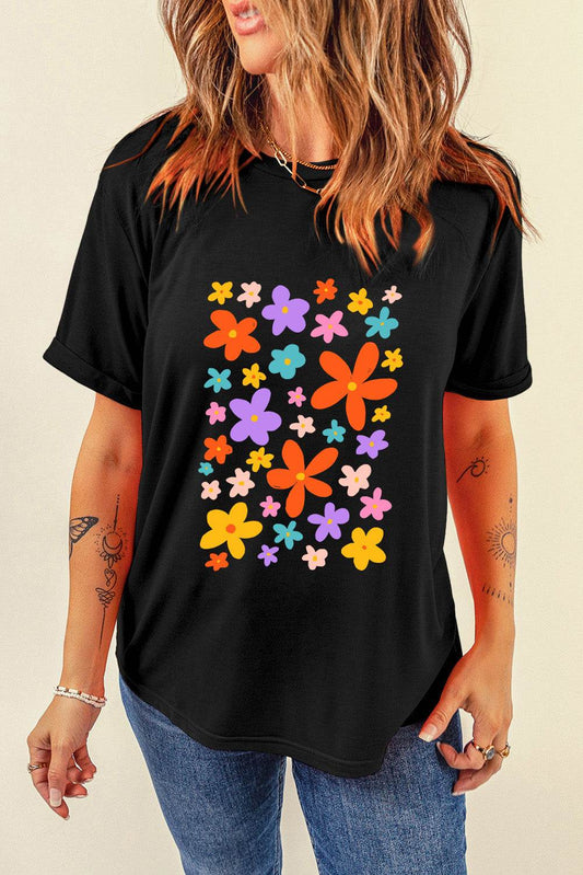 Flower Graphic Round Neck Short Sleeve
