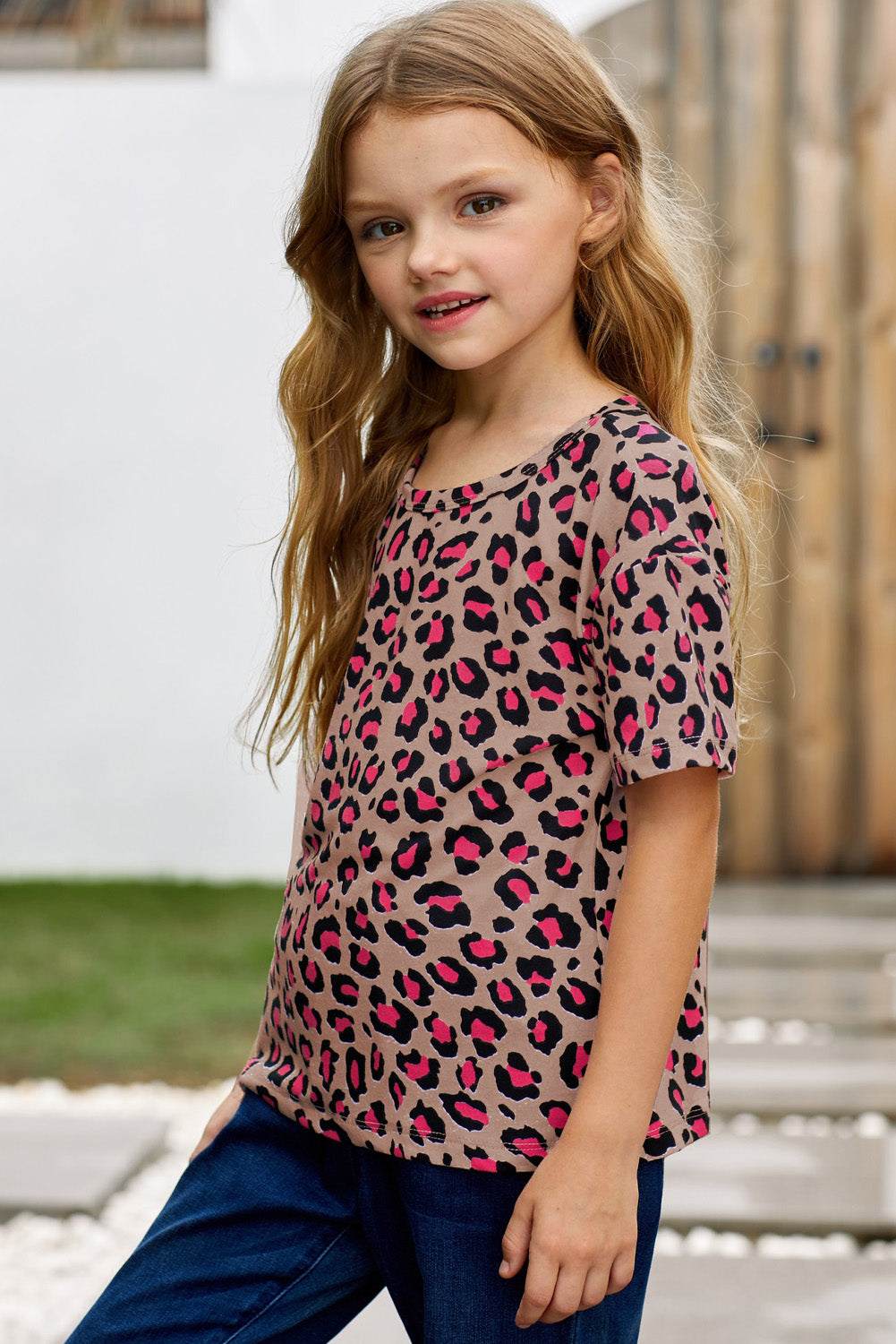 Girls Leopard Dropped Shoulder Tee