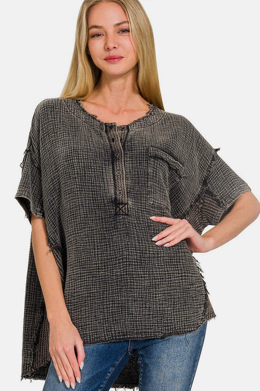 Zenana Washed Texture Half Button