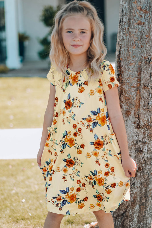 Girls Floral Round Neck Short Sleeve Dress