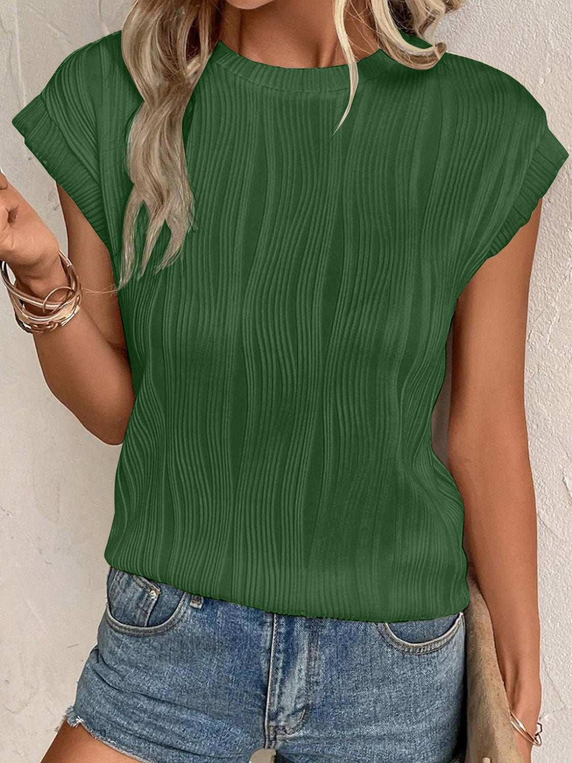 Textured Round Neck Cap Sleeve