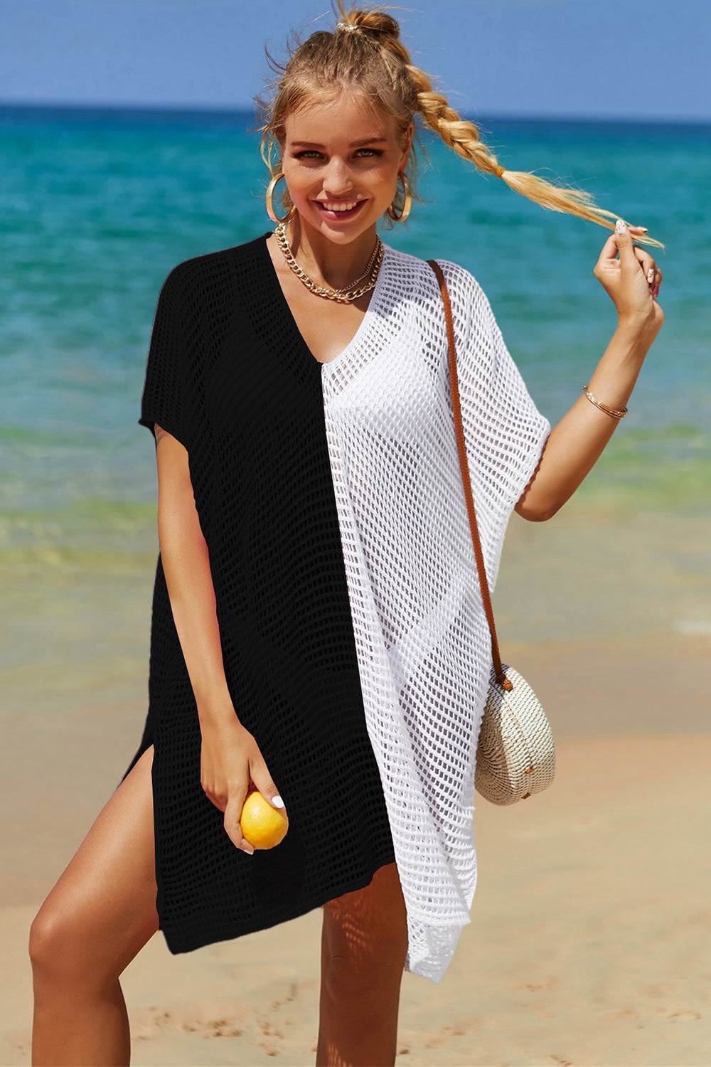 Openwork Contrast Slit Knit Cover