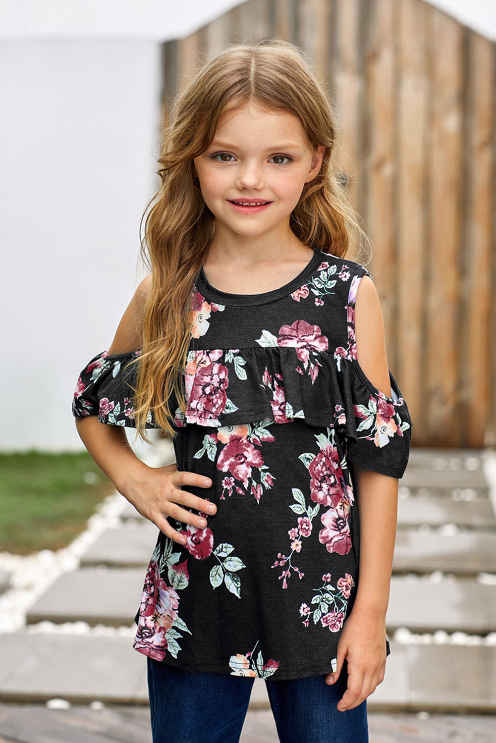 Girls Floral Cold-Shoulder Ruffled Top