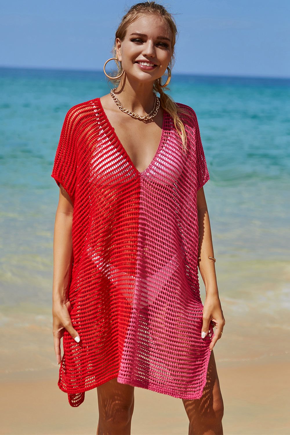 Openwork Contrast Slit Knit Cover