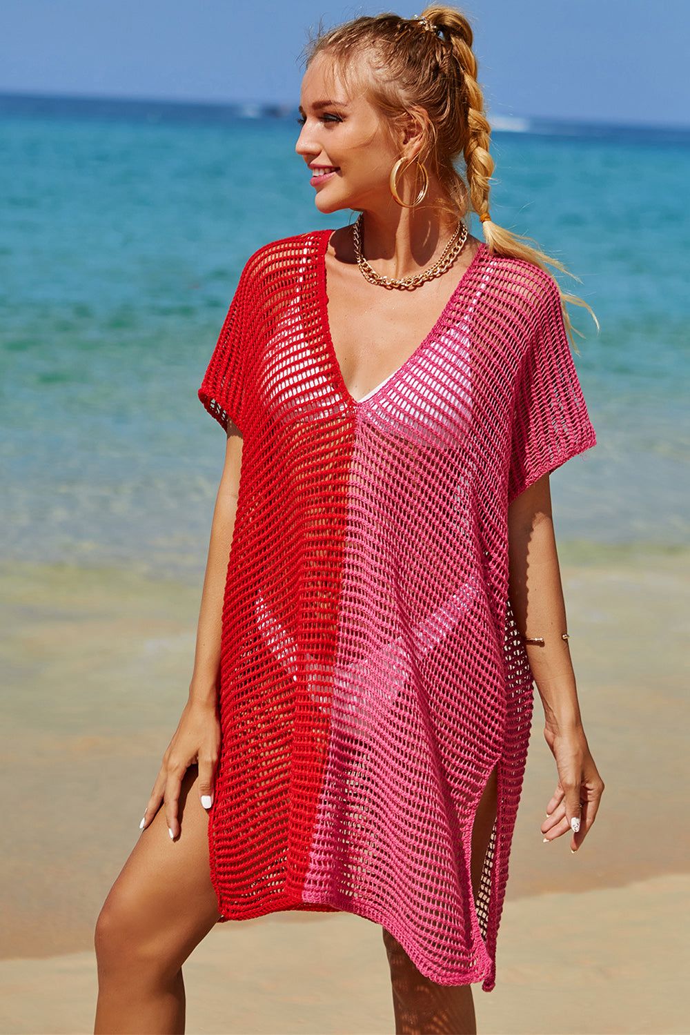 Openwork Contrast Slit Knit Cover