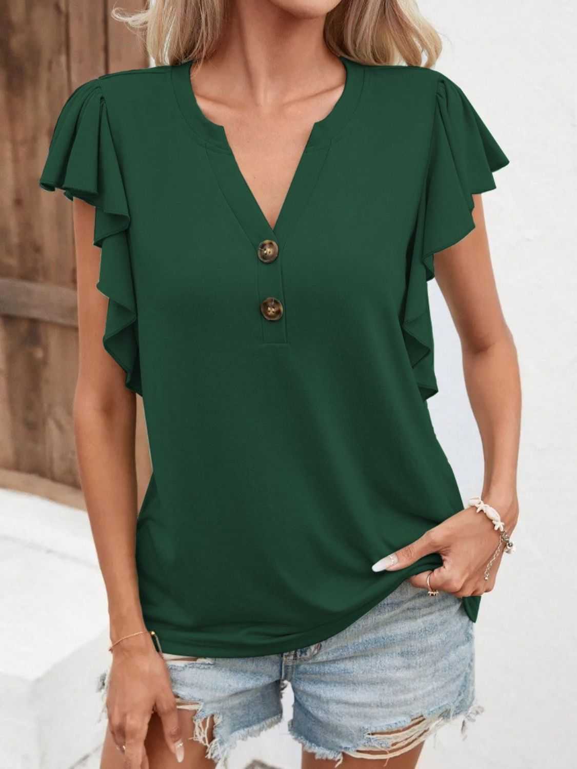 Full Size Ruffled Notched Cap Sleeve