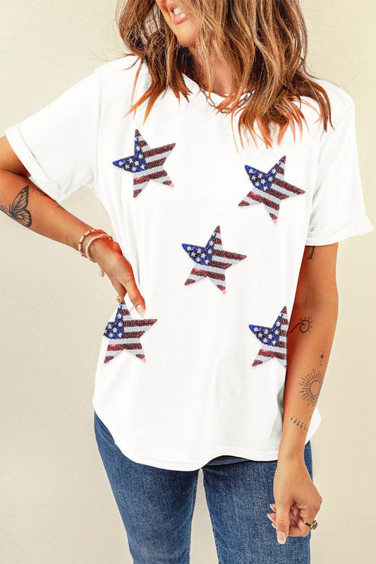 Sequin Star Round Neck Short Sleeve