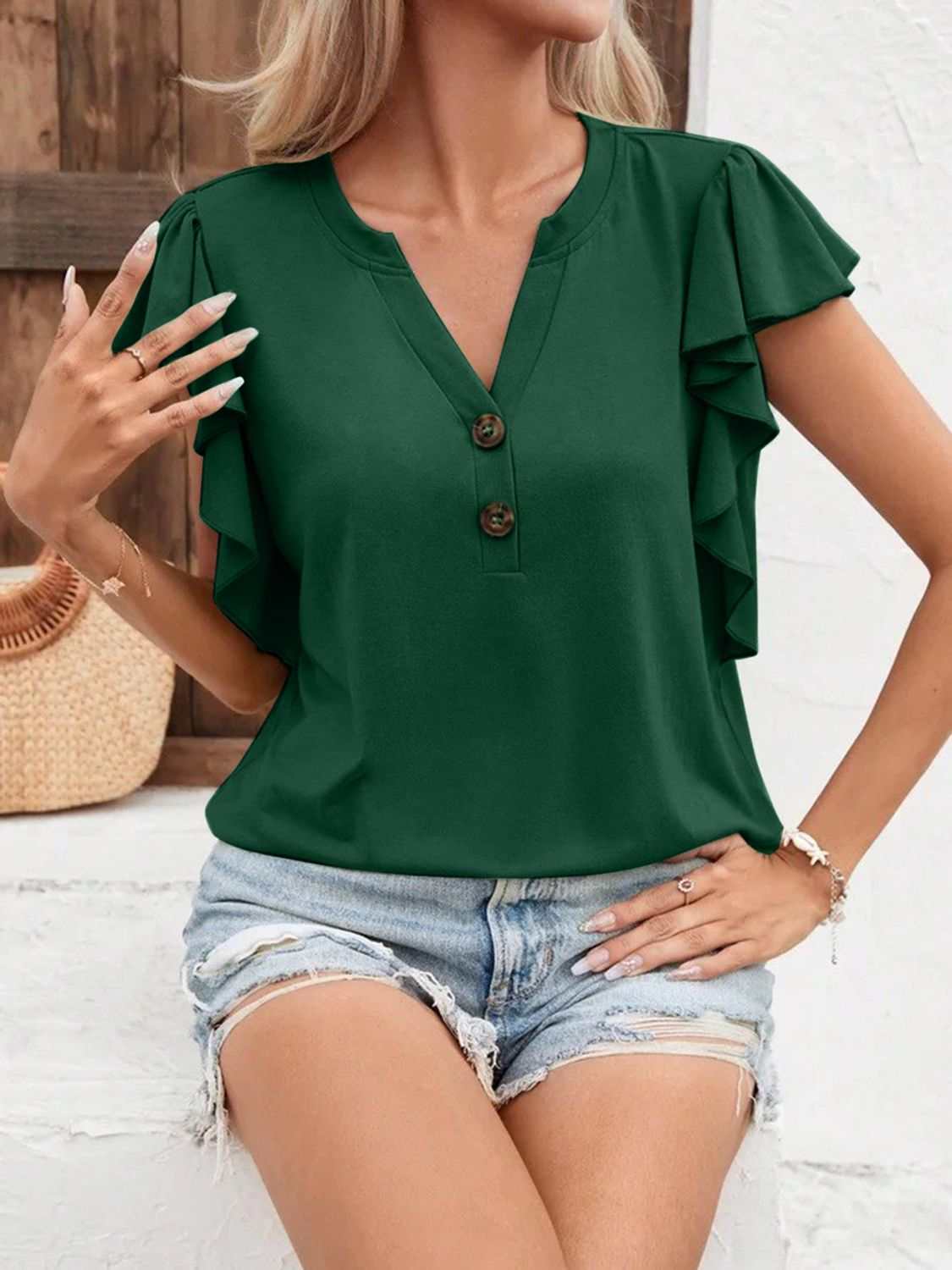 Full Size Ruffled Notched Cap Sleeve