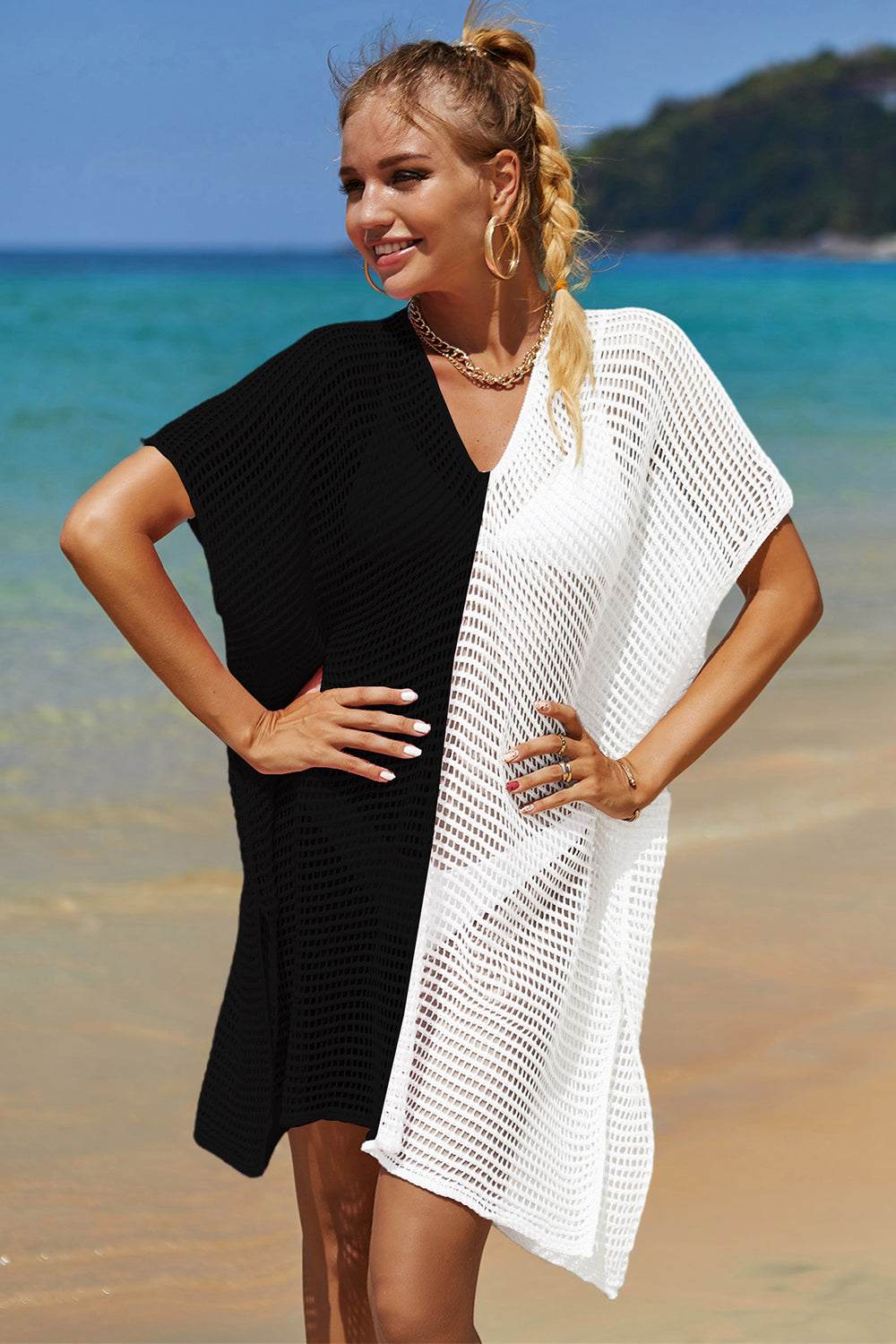 Openwork Contrast Slit Knit Cover