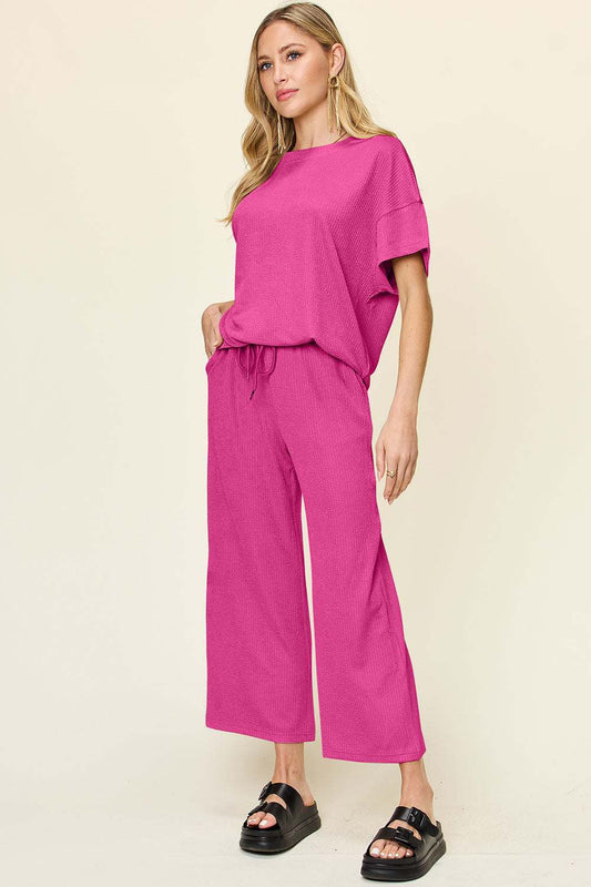 Full Size Texture Round Neck Short Sleeve