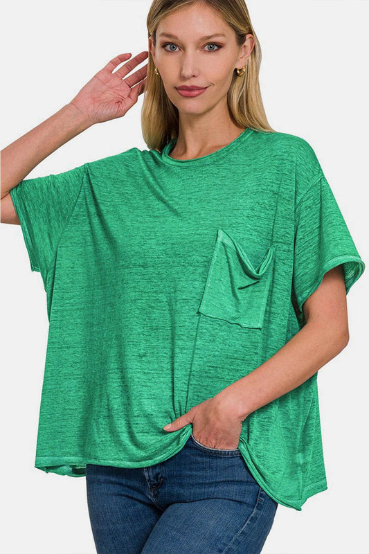 Zenana Pocketed Round Neck Dropped Shoulder
