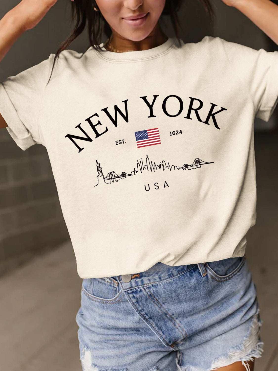 Full Size Letter Graphic Round Neck Short Sleeve